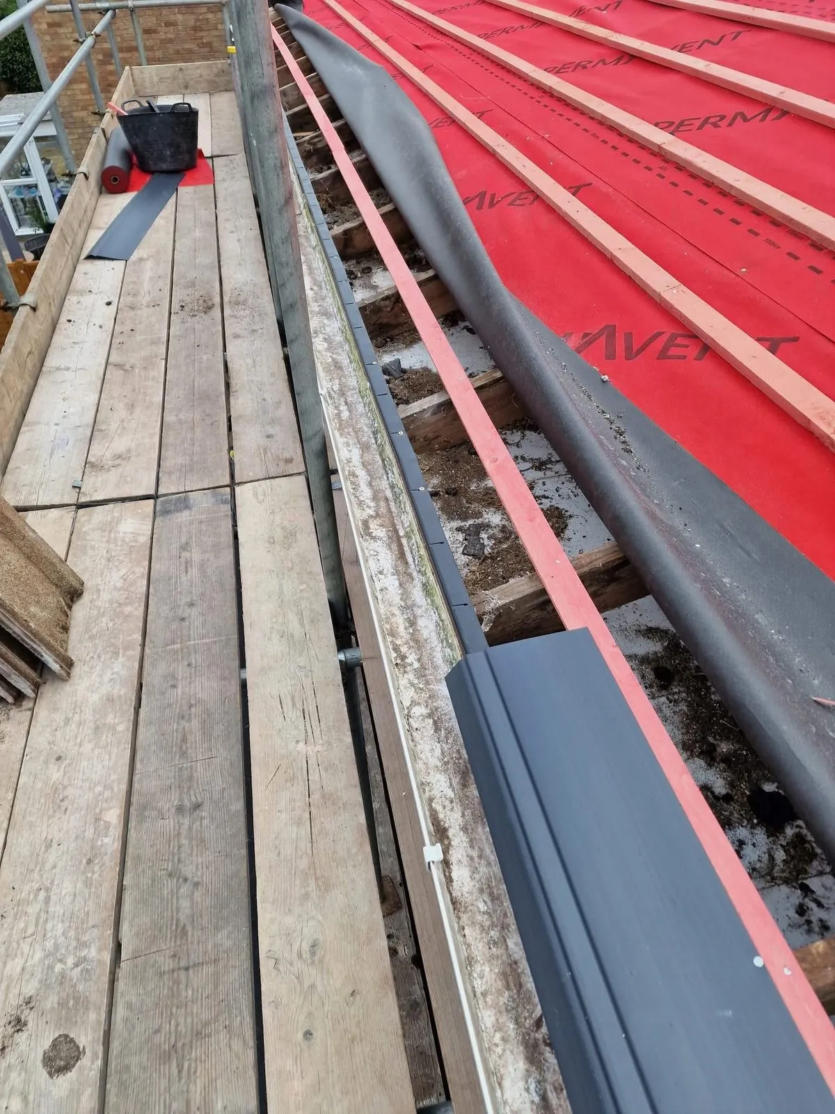 Breathable membrane and battens fitted during a re-roof in Axminster